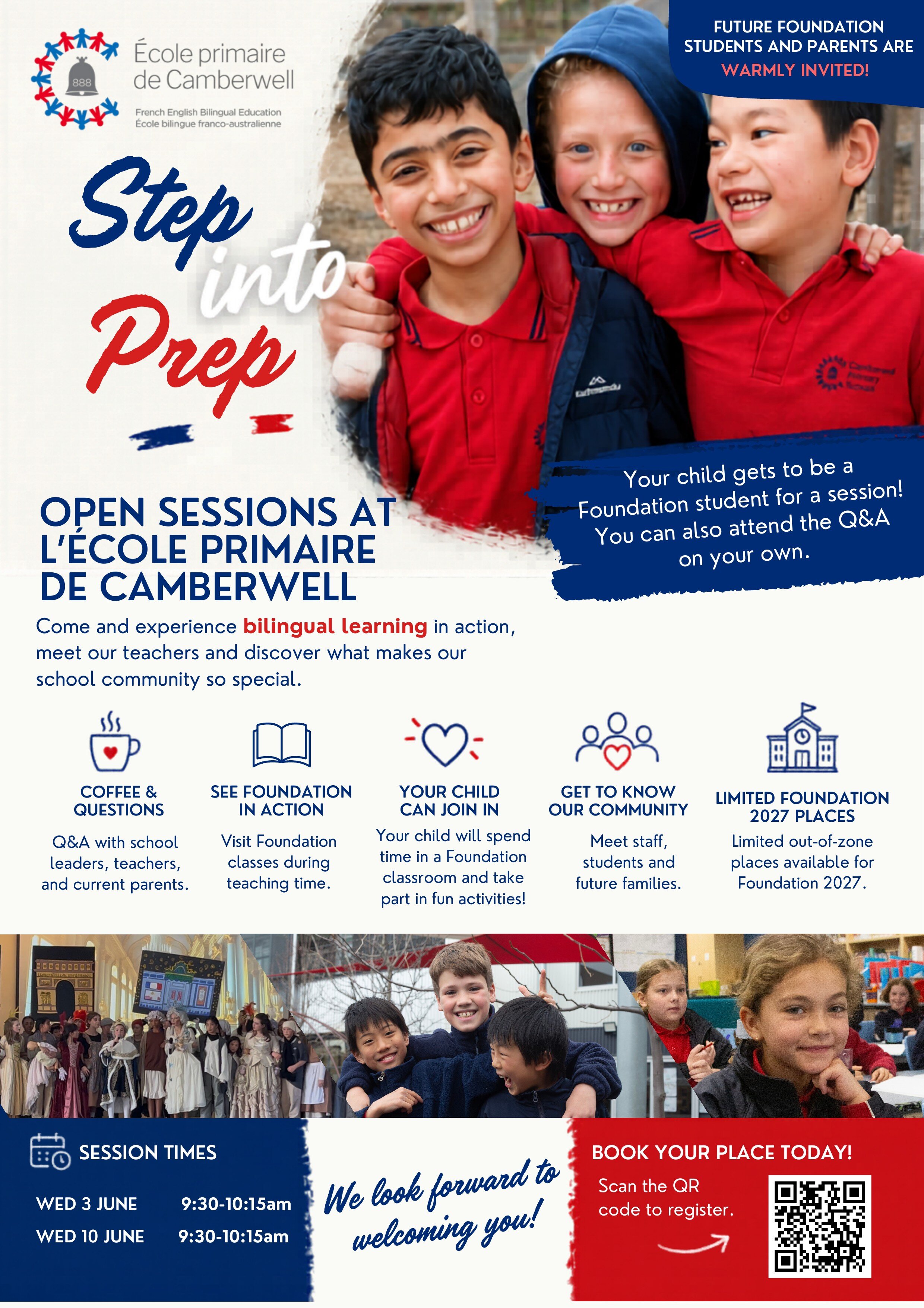 Step into Prep open sessions flyer for Foundation 2027 at Camberwell Primary School